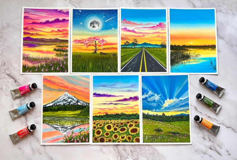 7- Dreamy Gouache Inspired Sunset Landscapes