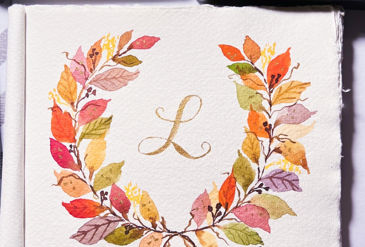 Autumn Watercolor with Gold Accents - student project
