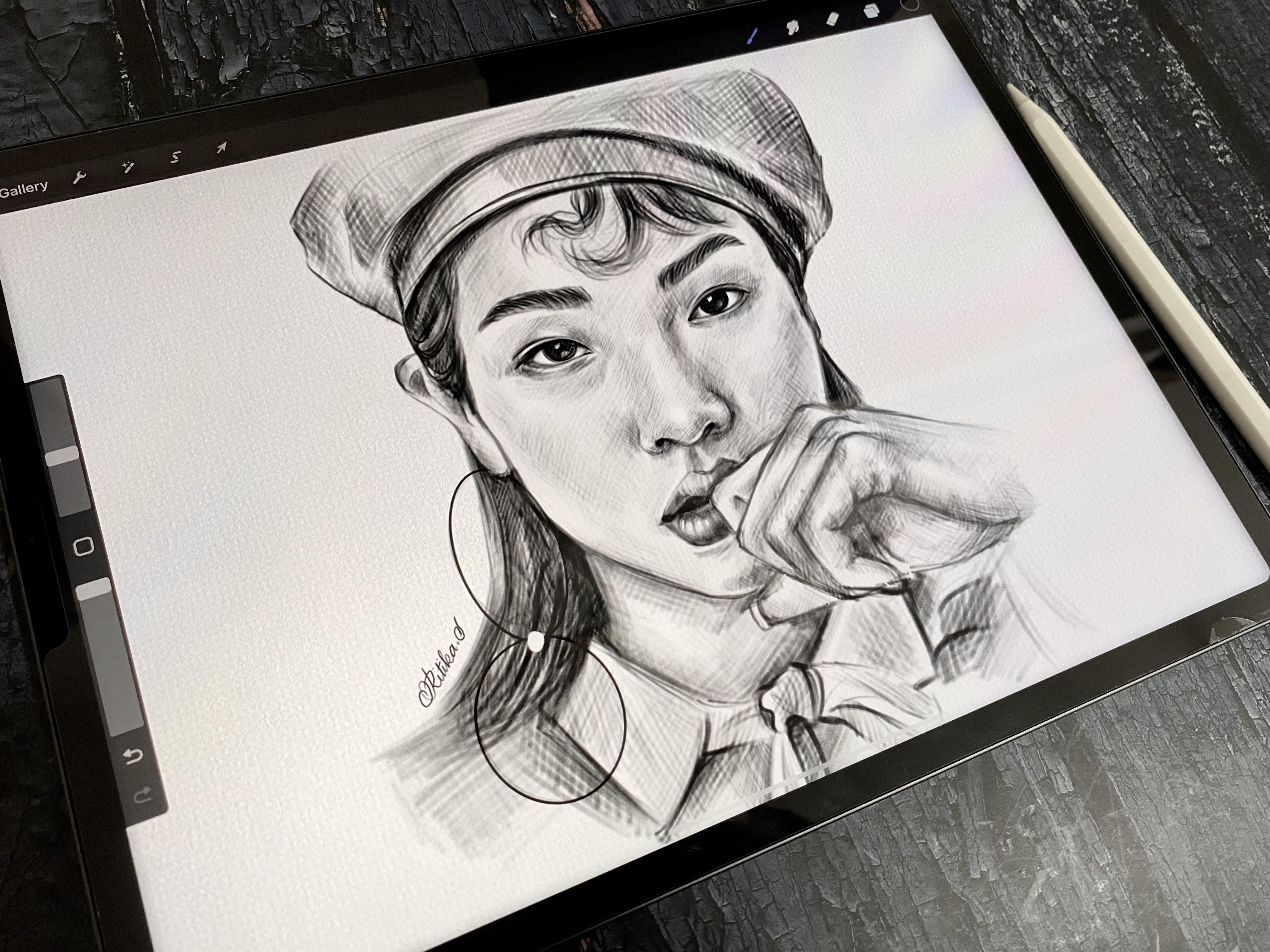 Pencil sketching portrait on iPad - student project