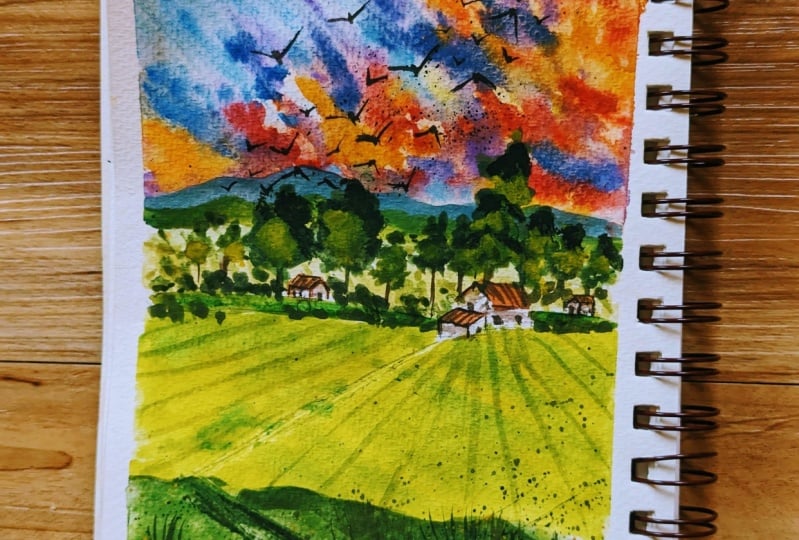 Painting Sunset Sky and Cotton Candy Clouds using Watercolors