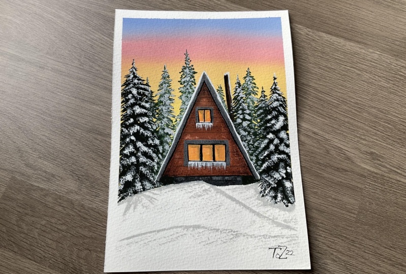 Winter cabin scene