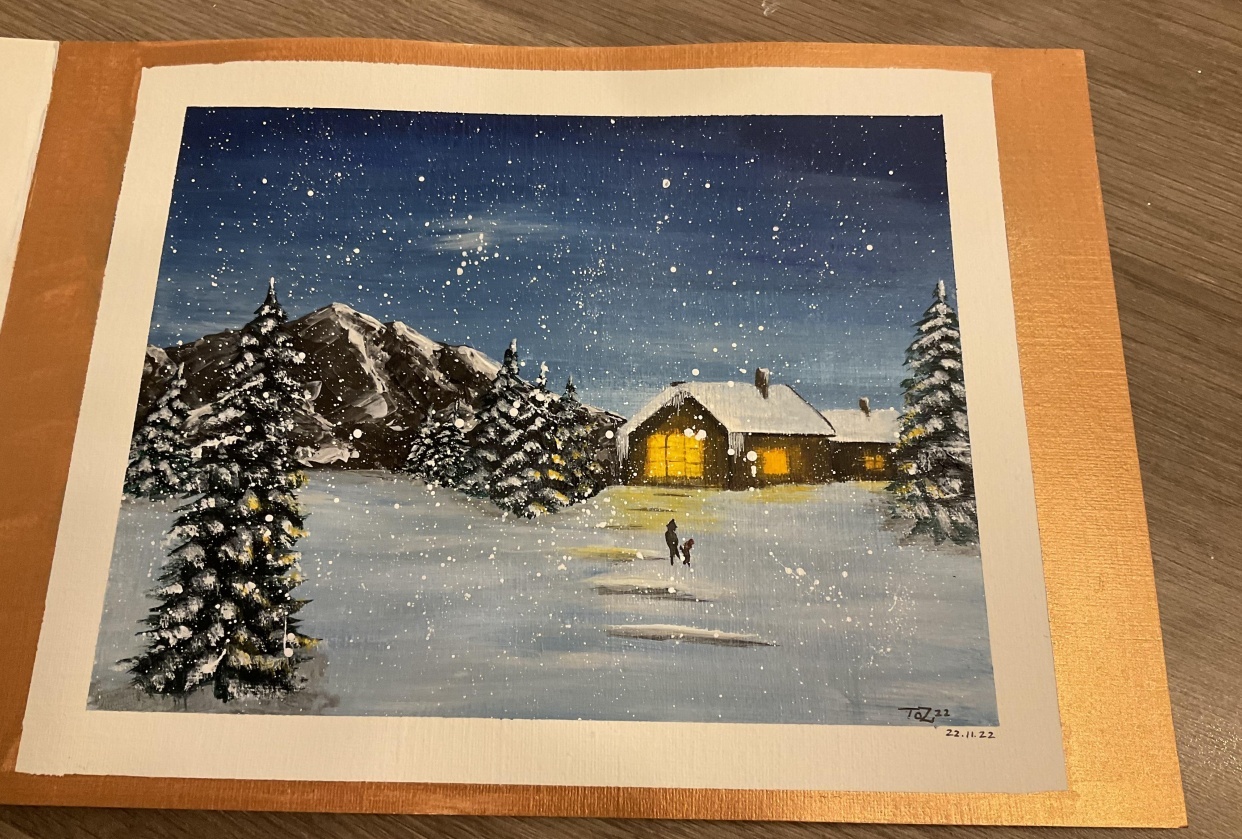 Acrylic snow scene in copper border - student project