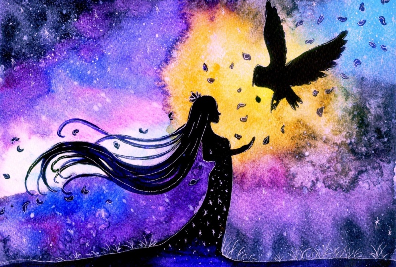 owl and girl silhouettes in watercolor