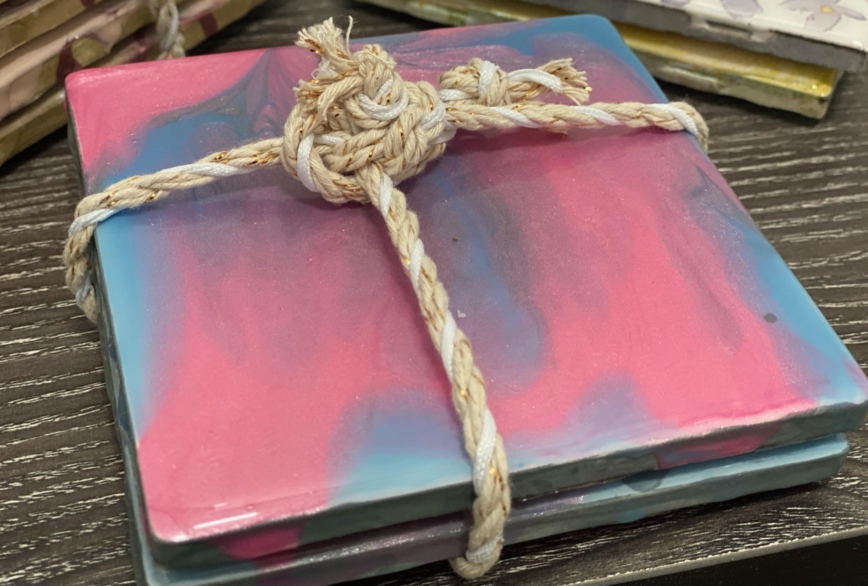 Pair of Gray, Pink and Blue Coasters - student project