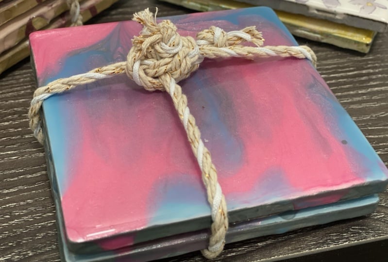Pair of Gray, Pink and Blue Coasters