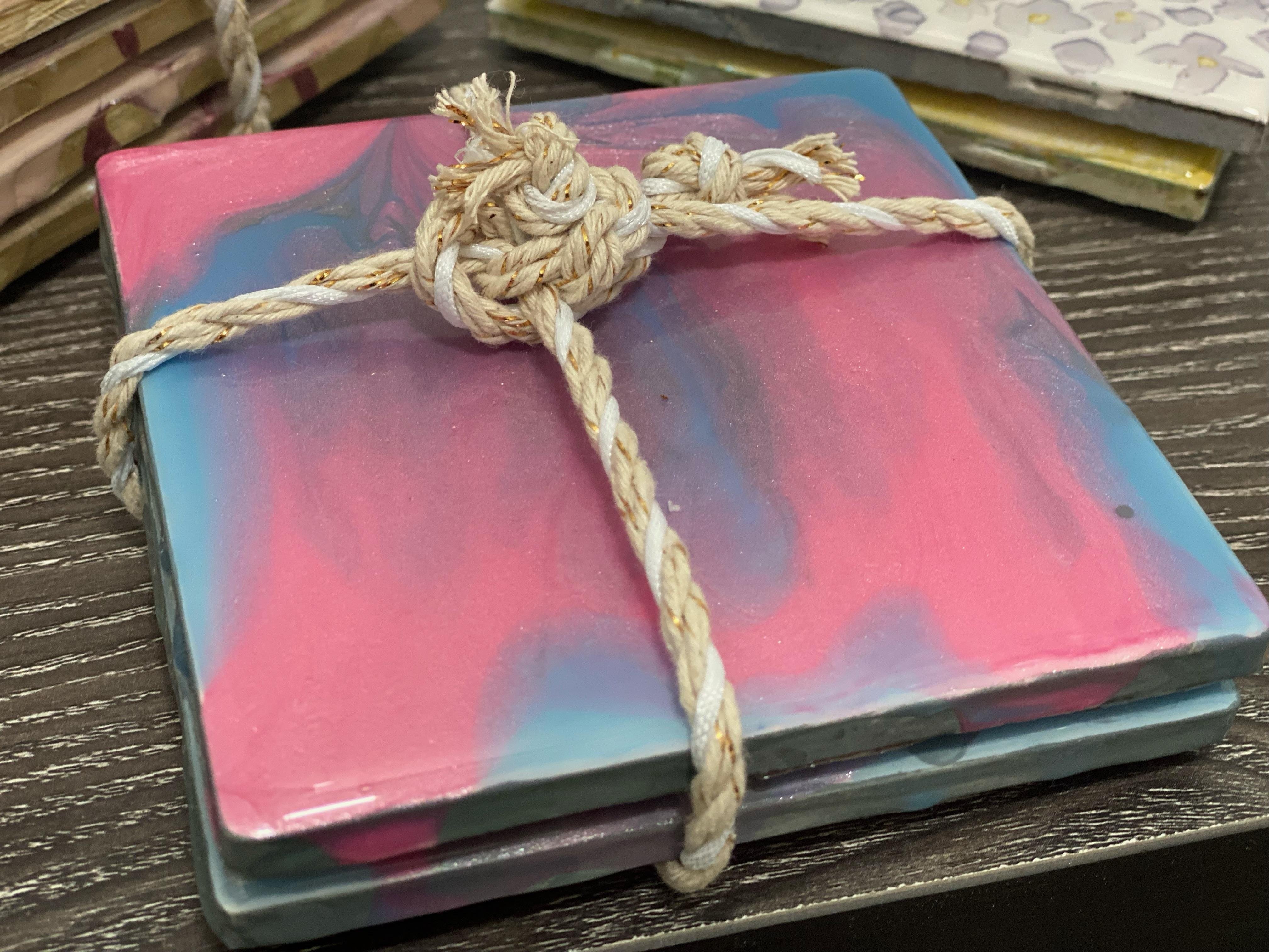 Pair of Gray, Pink and Blue Coasters - student project