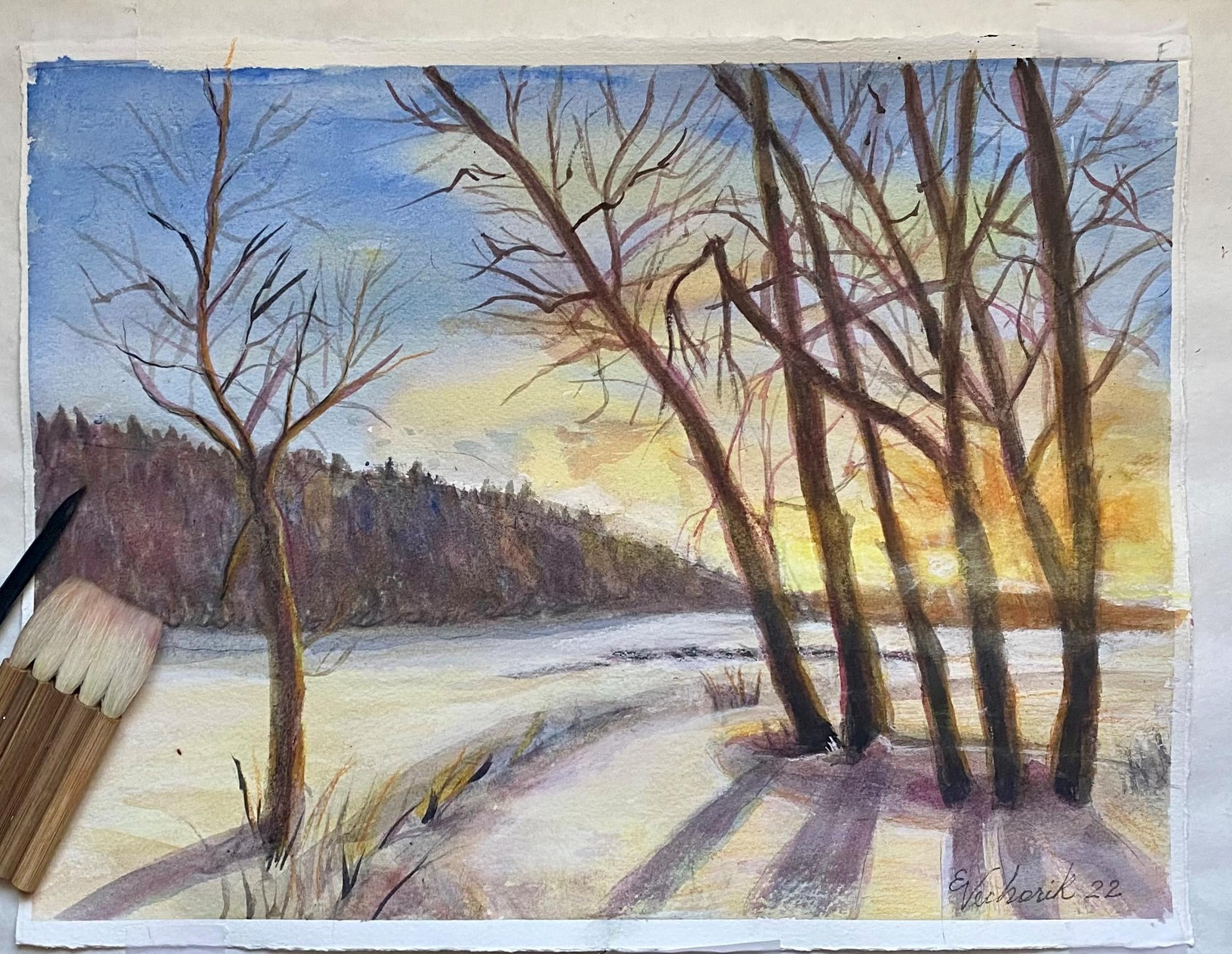 Student snow sunset watercolor - student project