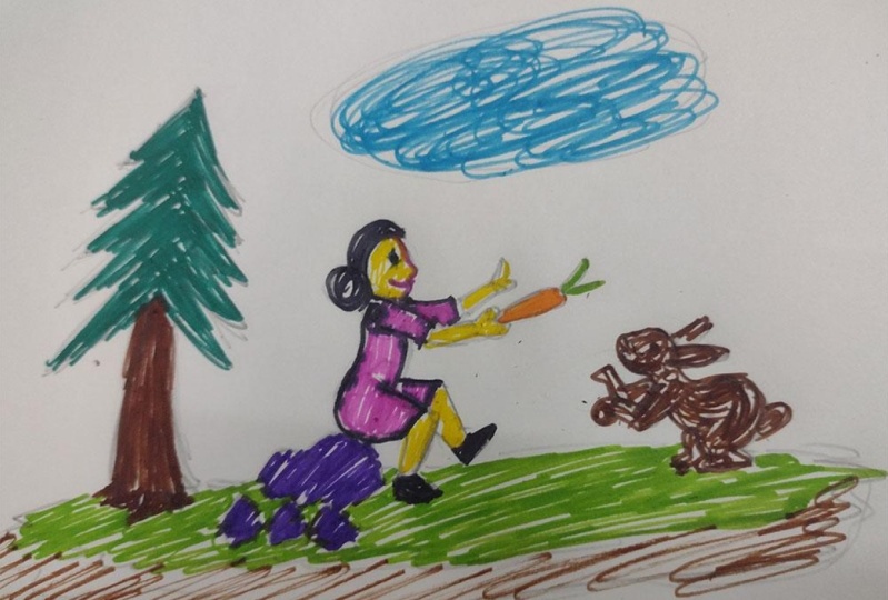 Girl giving a carrot to the rabbit