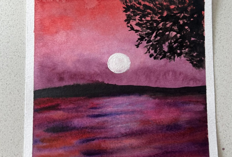 Watercolor and Gouache Lake Sunset