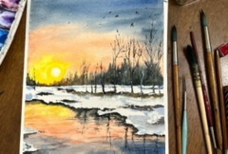 Winter lake landscapes using watercolours