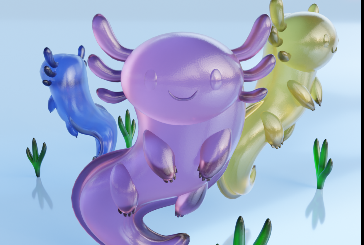 Colorful Gummy Bears and an axolotl - student project