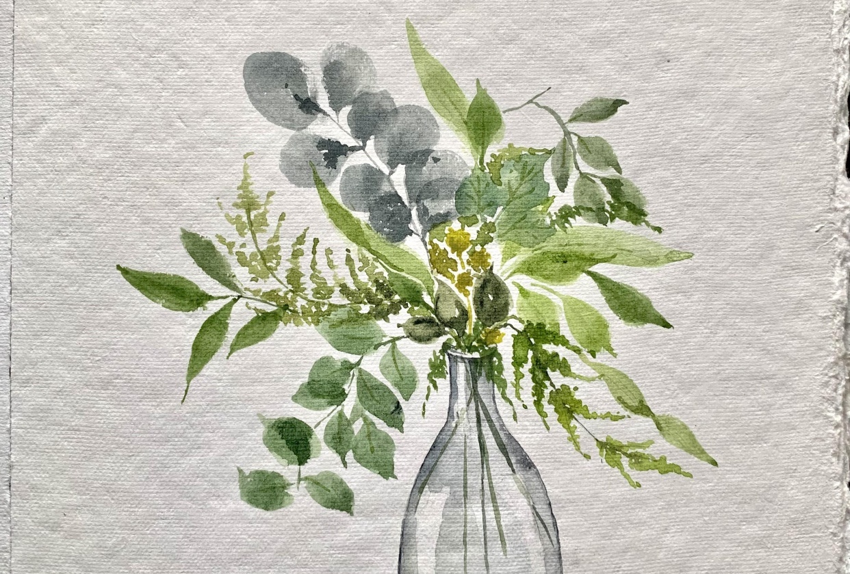 Glass vase with leaves - student project