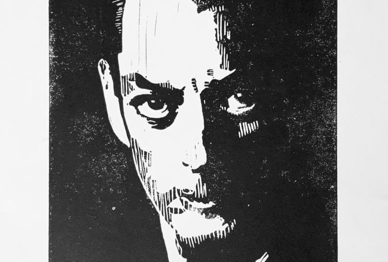 Paul Auster as a black and white linocut
