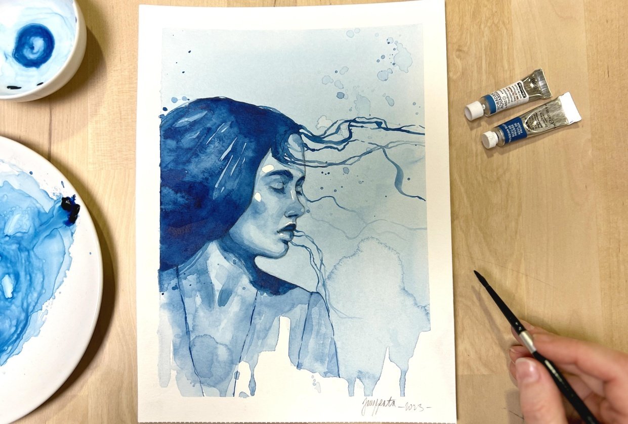 My class project - monochromatic watercolor portrait - student project