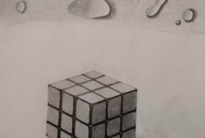Apple, droplets, Rubik's cube, stormy beach scene