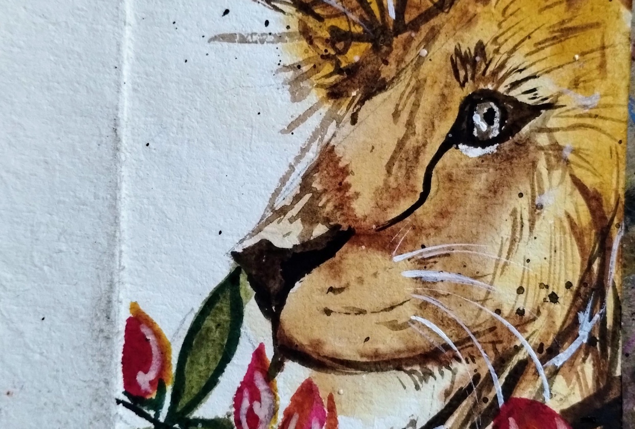 Watercolor lion with Ezhil - student project