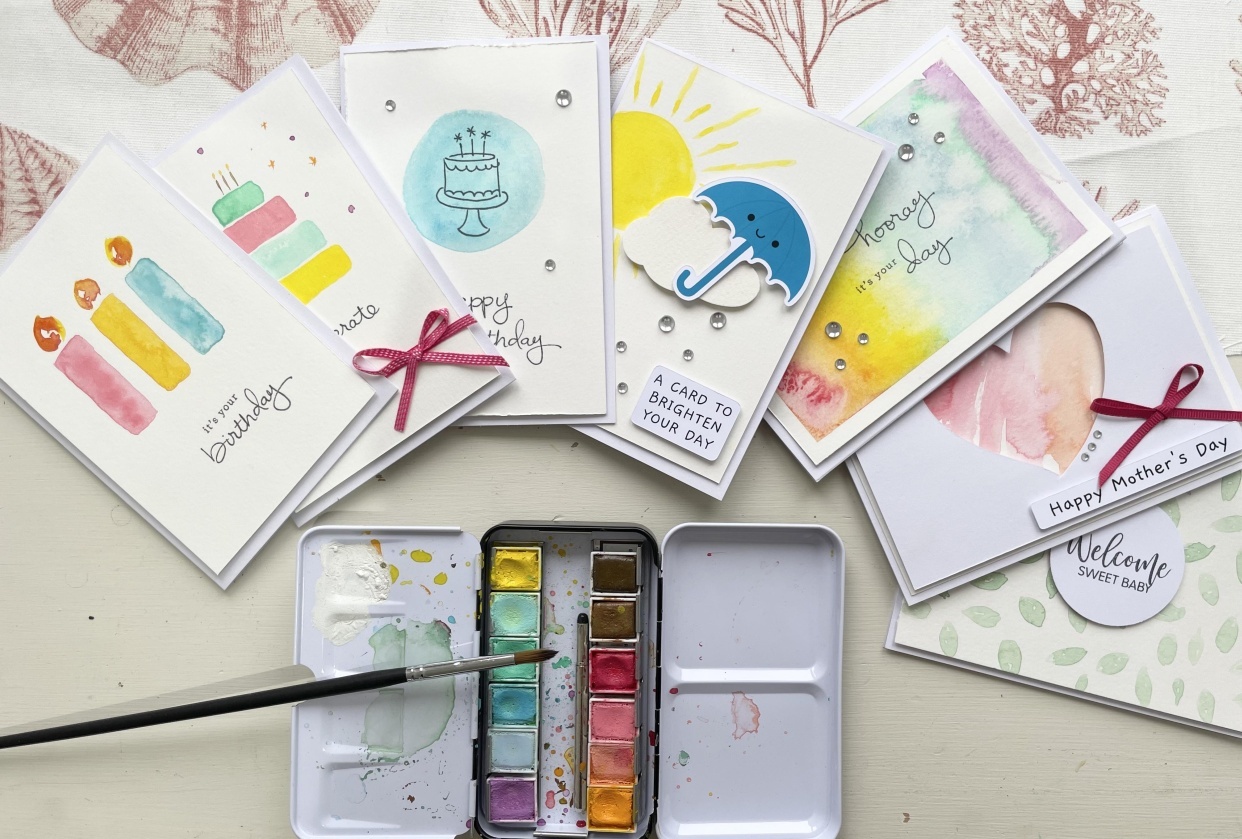 7 Watercolour Handmade Cards - student project