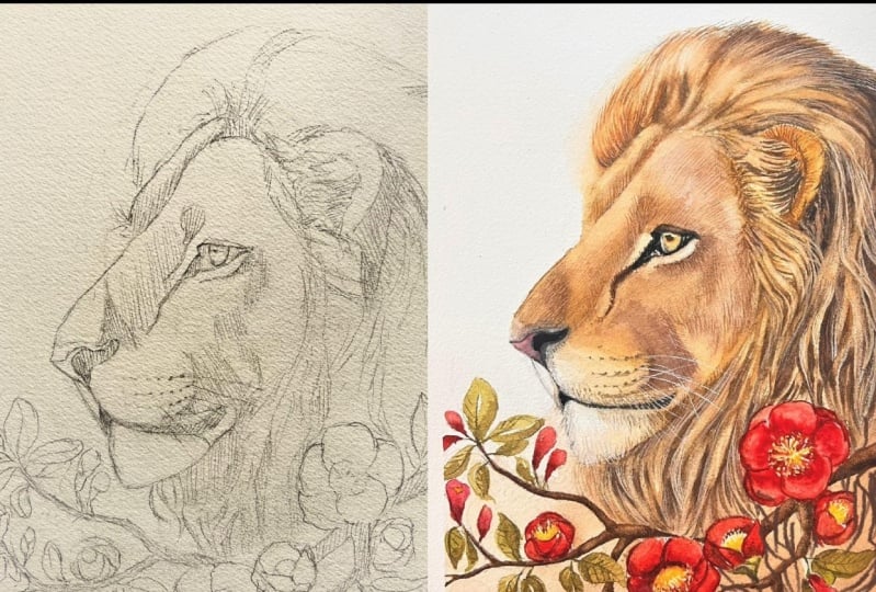 Lion Portrait with Florals