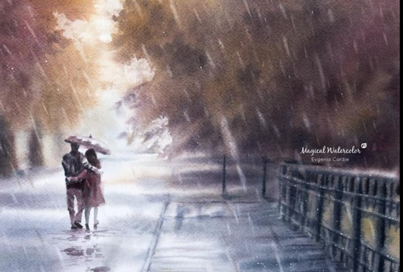 Fall Rainy Landscape In Watercolor
