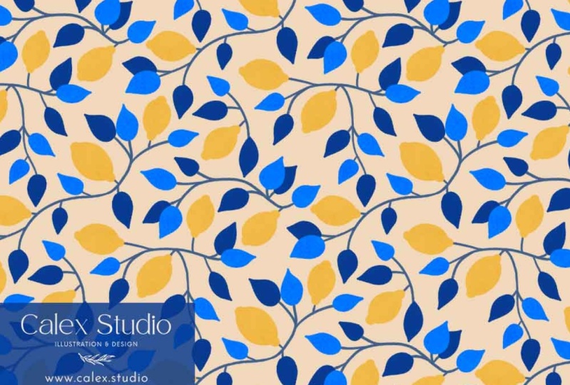 Lemons with Blue Leaves Pattern