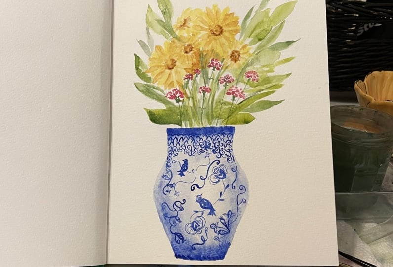 Blue and White China Vase with Florals