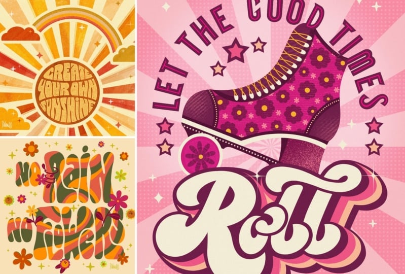 Retro lettering - sunshine, flowers, and roller skates!