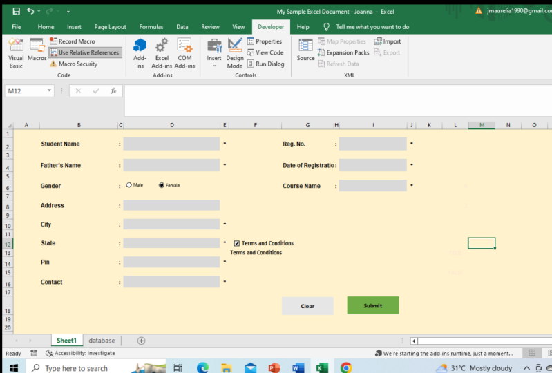 My Sample Excel Form - Joanna