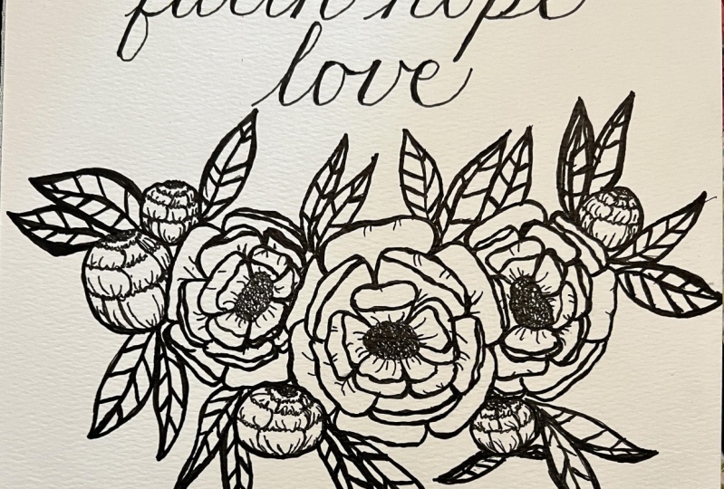 Peony Line Drawing with Faux Lettering