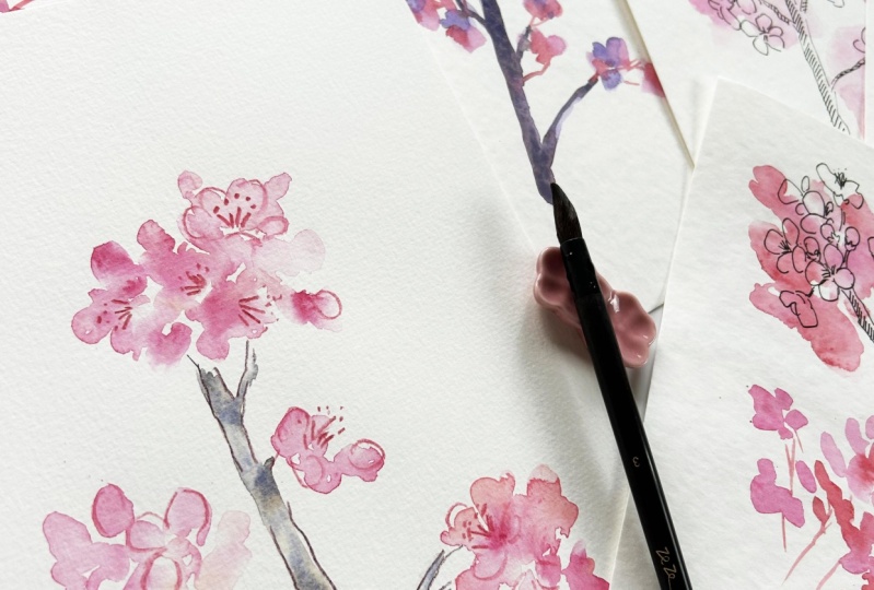 Watercolor Cherry Blossoms in Different Styles