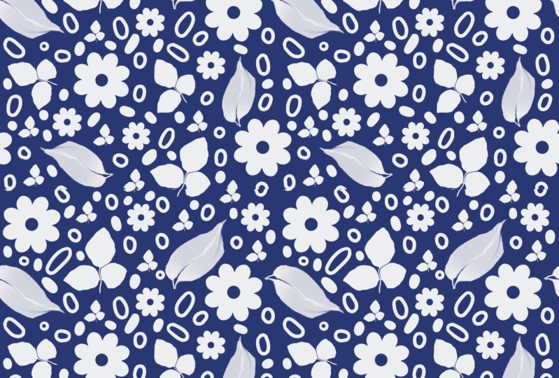 White flowers and leaves on blue background