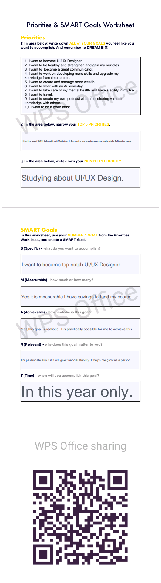 Priorities and smart Goals Worksheet project. - student project
