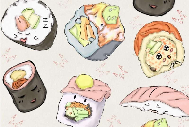Watercolor sushi background