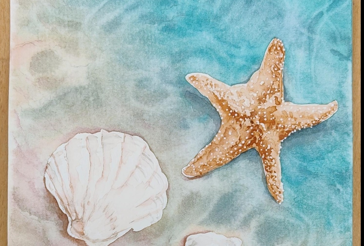 The golden sand of the beach was a beautiful contrast to the blue water - student project