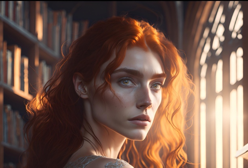 Portrait Of a Ginger Hair Woman In The Library (Prompt & Settings)
