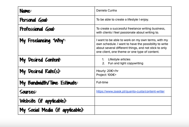 My Freelance Goal Sheet