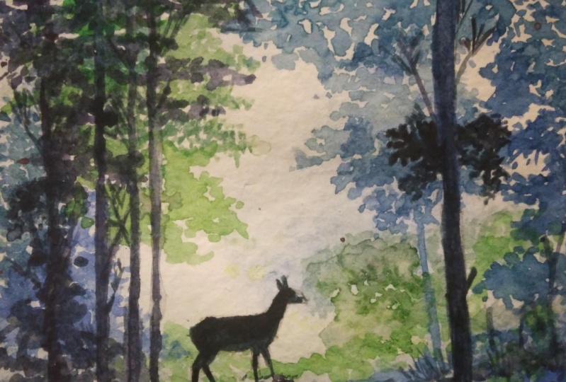 Watercolor painting of forest trees and deer step by step | Shiba Basan ...