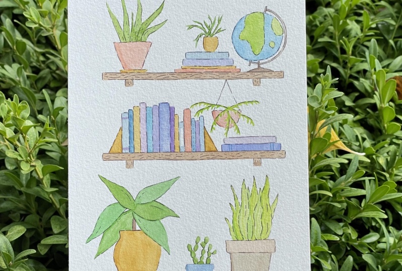 Pen and watercolor shelves