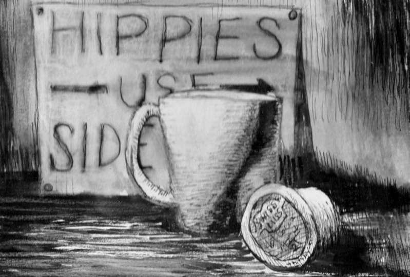 Pen and ink "Hippies use side door"