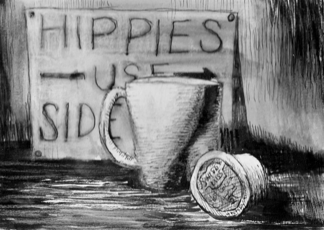 Pen and ink "Hippies use side door" - student project