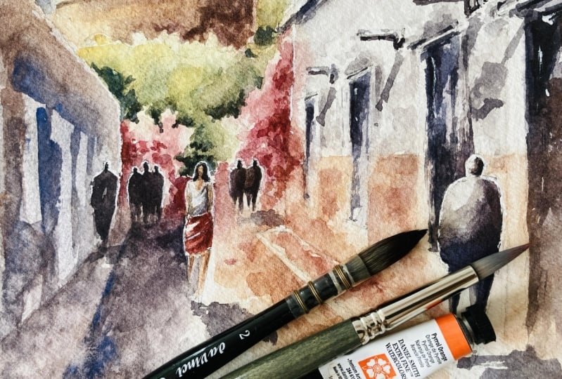 My class project for Perspective fundamentals for watercolor cityscapes.
