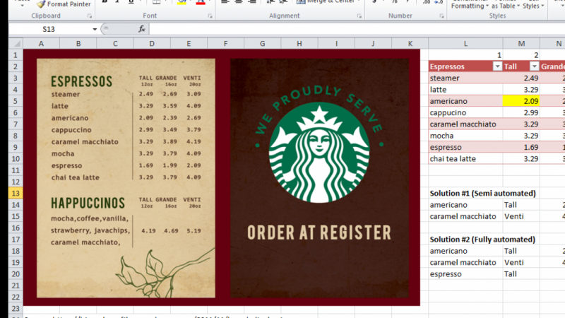 Starbucks Menu Automatic Vlookup!
