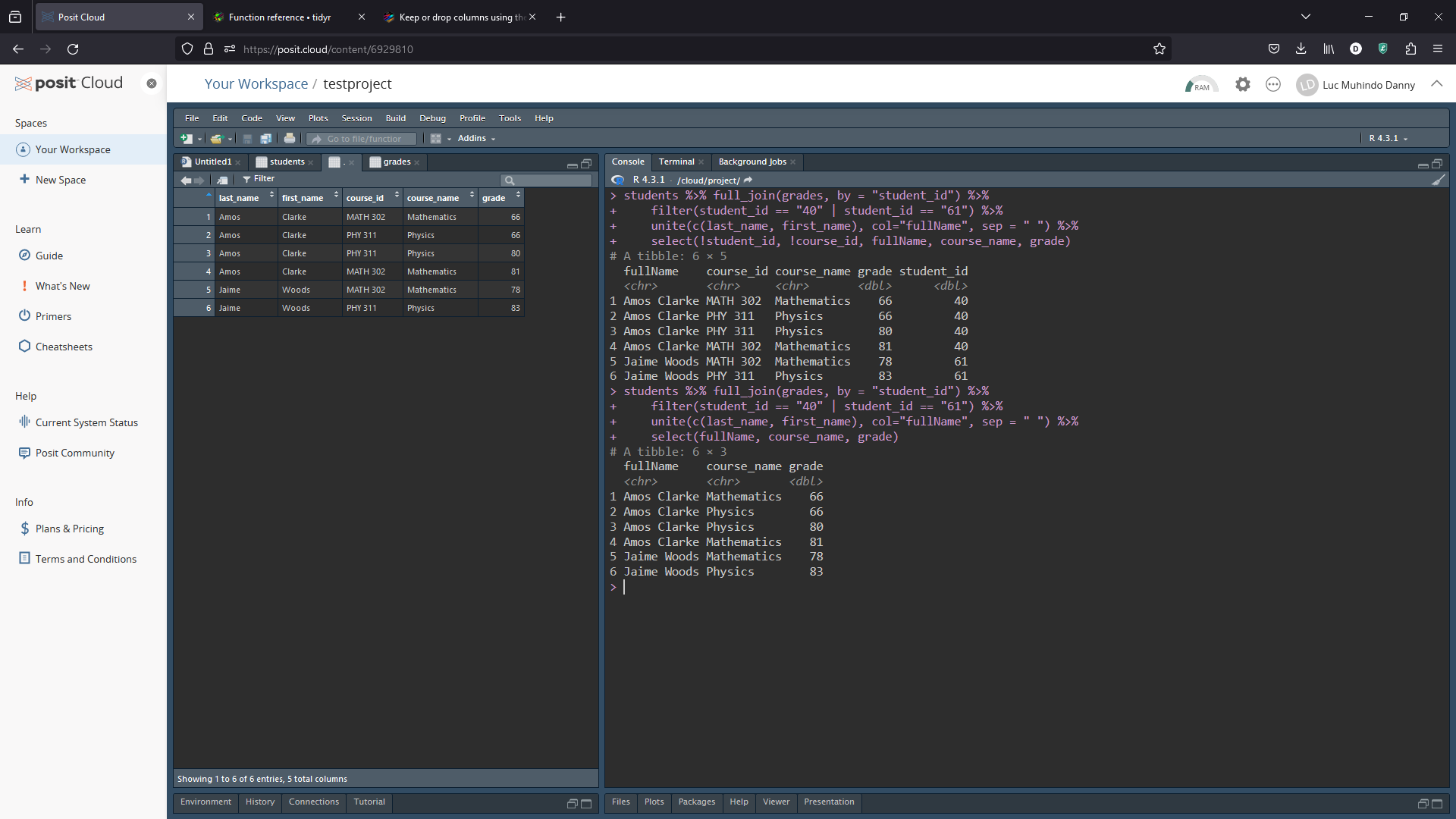 R Project : JOIN, SELECT, FILTER - student project