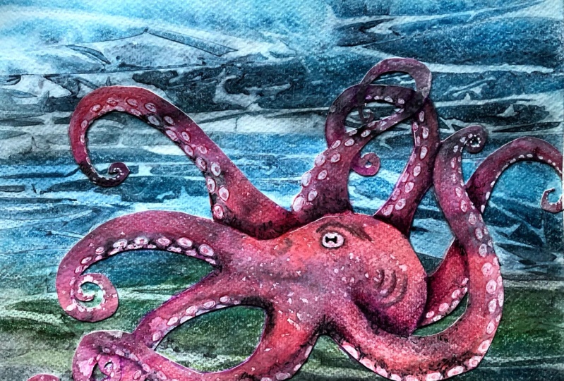 Watercolor Mixed Media Collage Octopus