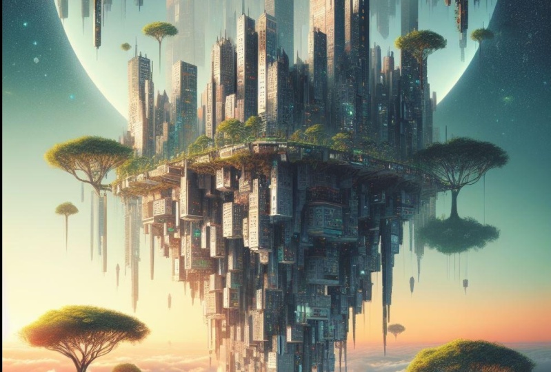 A surreal cityscape with floating buildings and upside-down trees, digital art