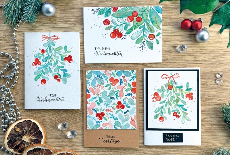 Weihnachtsgrußkarten mit Aquarell