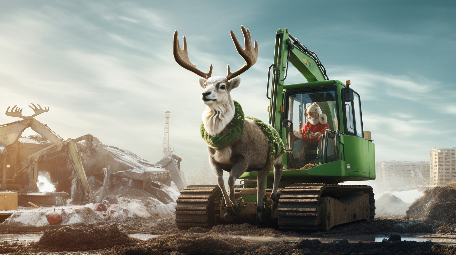 Santa sitzt in einem grünen Bagger, der von einem Rentier gezogen wird - student project