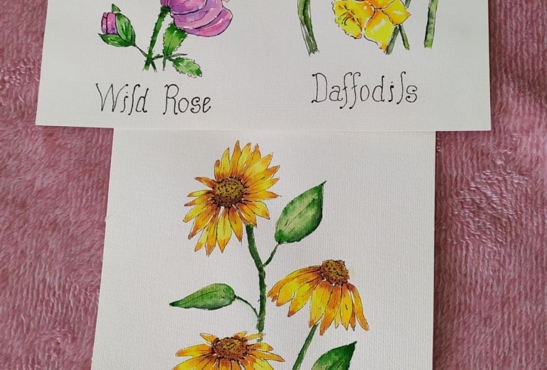 Three flowers ink and watercolors