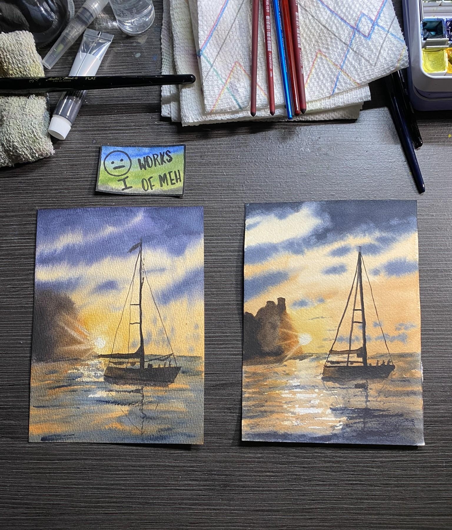 Paint Glowing Light: Sunset and Sailboat in Watercolor - student project