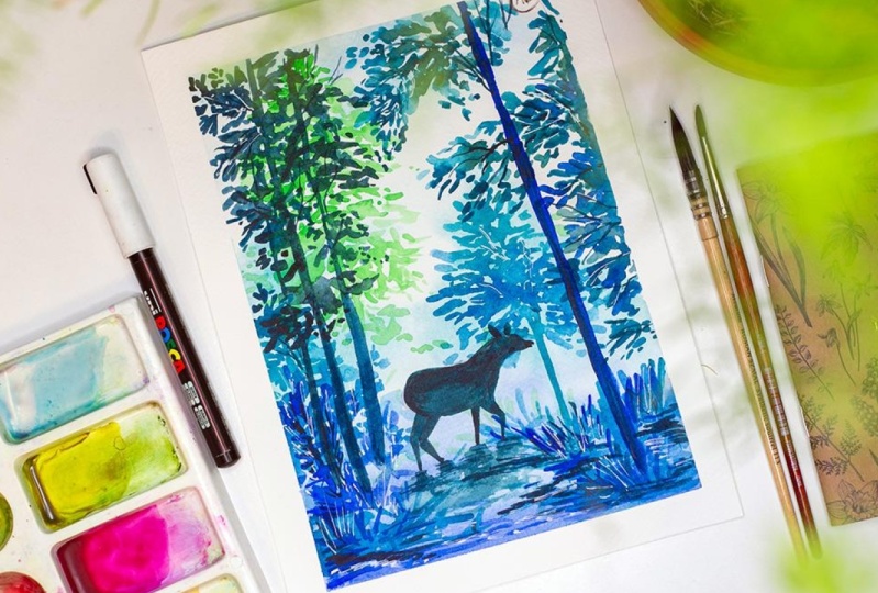 Forest trees and deer