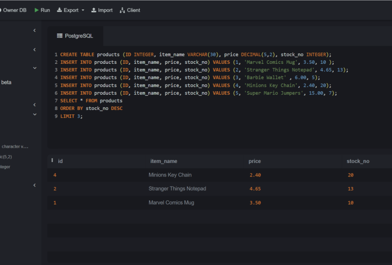DATABASE OF PRODUCTS